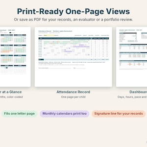 Printable year at a glance, attendance record and dashboard pages side by side