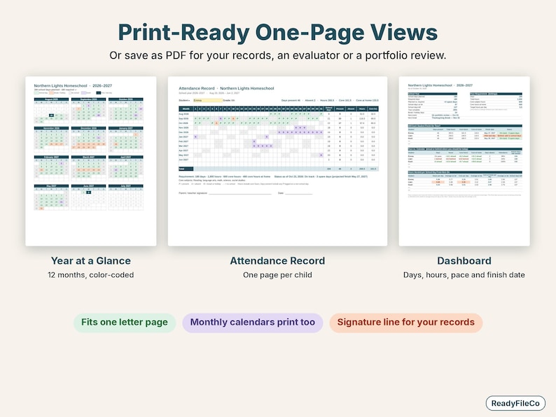 Printable year at a glance, attendance record and dashboard pages side by side