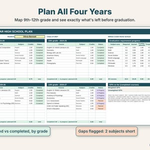 Four-year high school plan by grade with graduation requirement progress and statuses