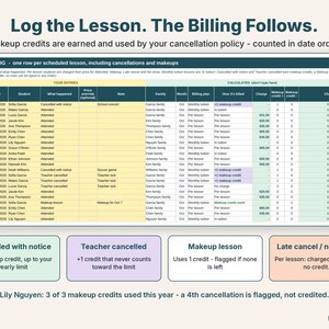 Lesson log where cancellations earn makeup credits and makeup lessons use them, with charges calculated per lesson