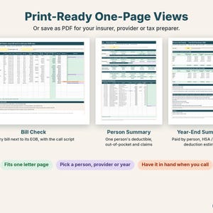 Printable one-page bill check, person summary and year-end summary side by side