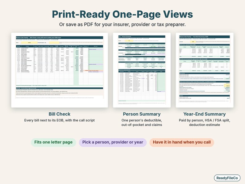 Printable one-page bill check, person summary and year-end summary side by side