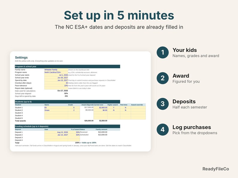Settings tab already set up with NC ESA+ 2026-27 dates, awards and deposits