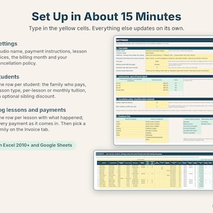 Easy setup in three steps: settings, students, then log lessons and payments in the yellow cells