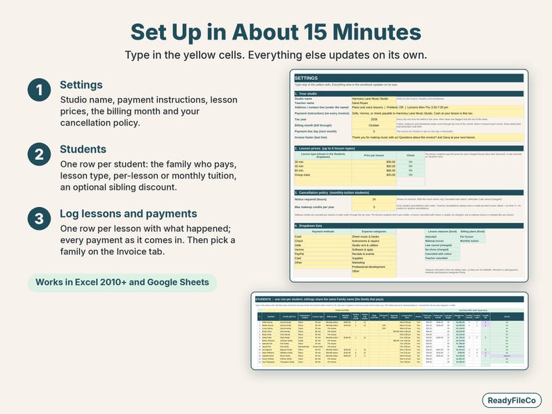 Easy setup in three steps: settings, students, then log lessons and payments in the yellow cells