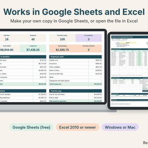 Homeschool co-op manager on a laptop and a tablet, works in Google Sheets and Excel