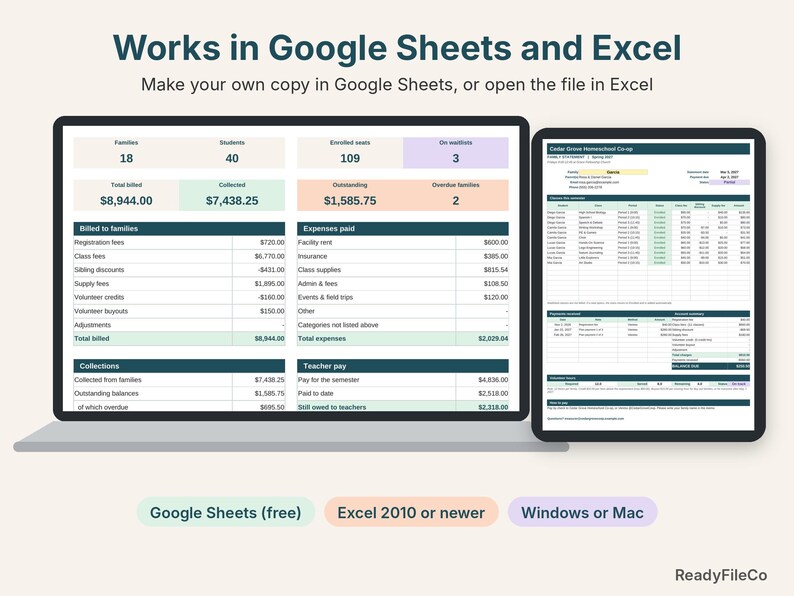 Homeschool co-op manager on a laptop and a tablet, works in Google Sheets and Excel