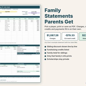 One-page family statement with charges, sibling discount, fundraising credit, payments and balance due