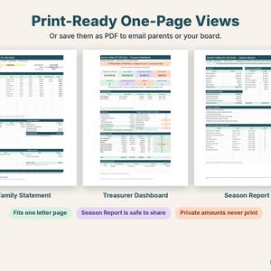 Printable one-page family statement, treasurer dashboard and end-of-season report side by side