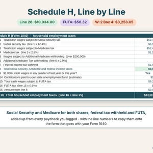 Close-up of the Schedule H worksheet totaling household employment taxes from every paycheck