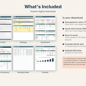 What's included: Start Here, Settings, Dashboard, Shoebox Summary, Receipt Index and Growth tabs