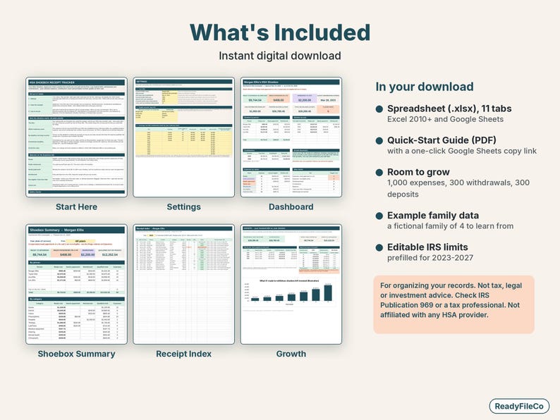 What's included: Start Here, Settings, Dashboard, Shoebox Summary, Receipt Index and Growth tabs
