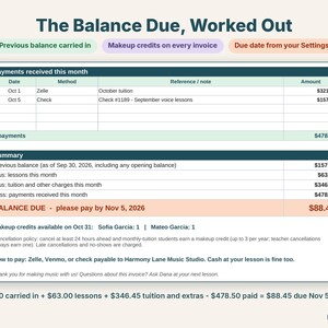 Close-up of the invoice summary: previous balance, lessons, tuition, payments, balance due and makeup credits