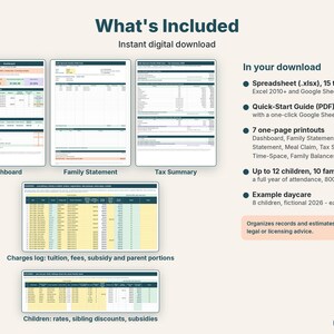 What's included: dashboard, family statement, tax summary, charges log and children tab in the daycare kit