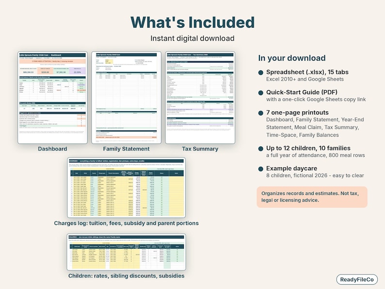 What's included: dashboard, family statement, tax summary, charges log and children tab in the daycare kit