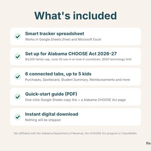 What's included: Alabama CHOOSE Act tracker spreadsheet, quick-start guide, instant download
