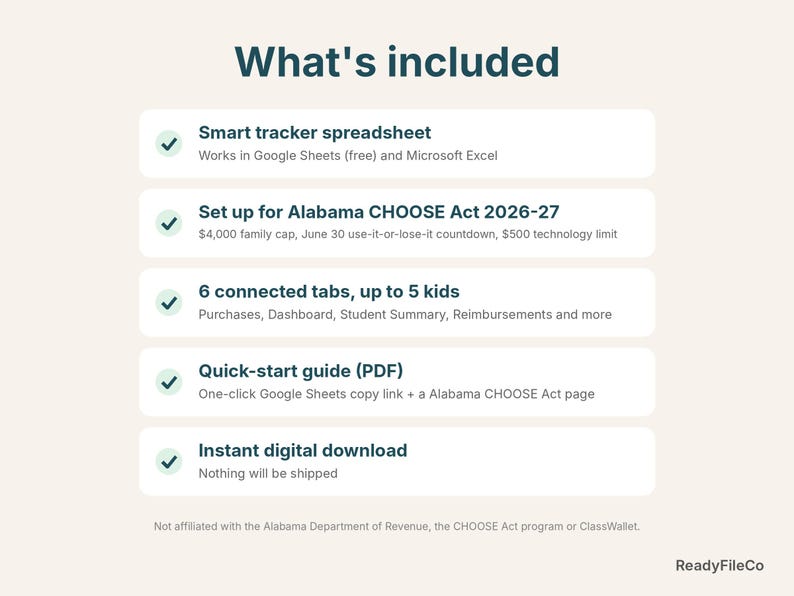 What's included: Alabama CHOOSE Act tracker spreadsheet, quick-start guide, instant download