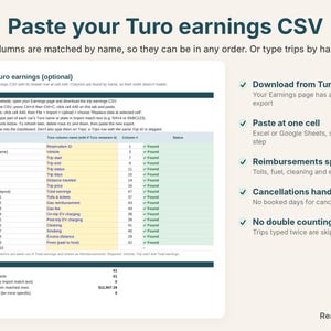 Import tab matching Turo earnings CSV columns by header name, with an import check