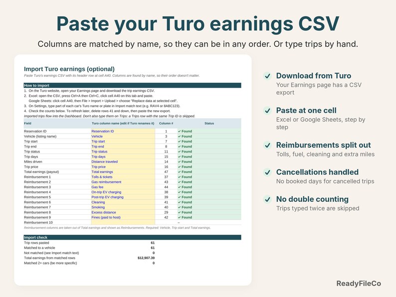Import tab matching Turo earnings CSV columns by header name, with an import check