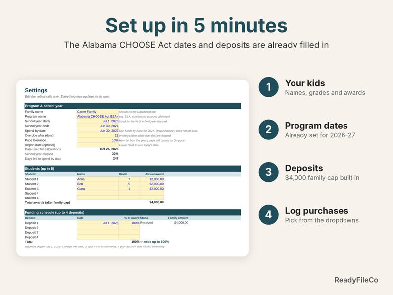 Settings tab already set up with Alabama CHOOSE Act 2026-27 dates, awards and deposits
