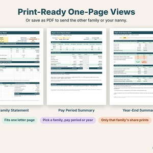Printable one-page family statement, pay period summary for the nanny and year-end summary side by side