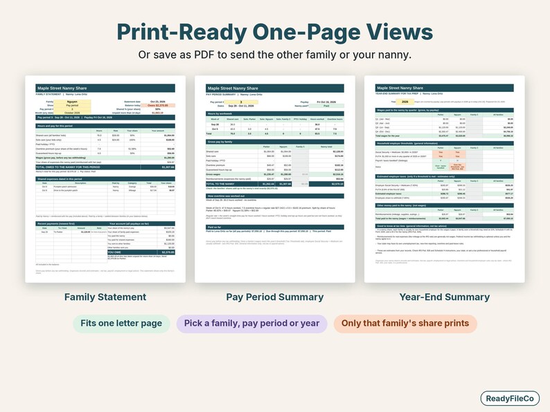 Printable one-page family statement, pay period summary for the nanny and year-end summary side by side