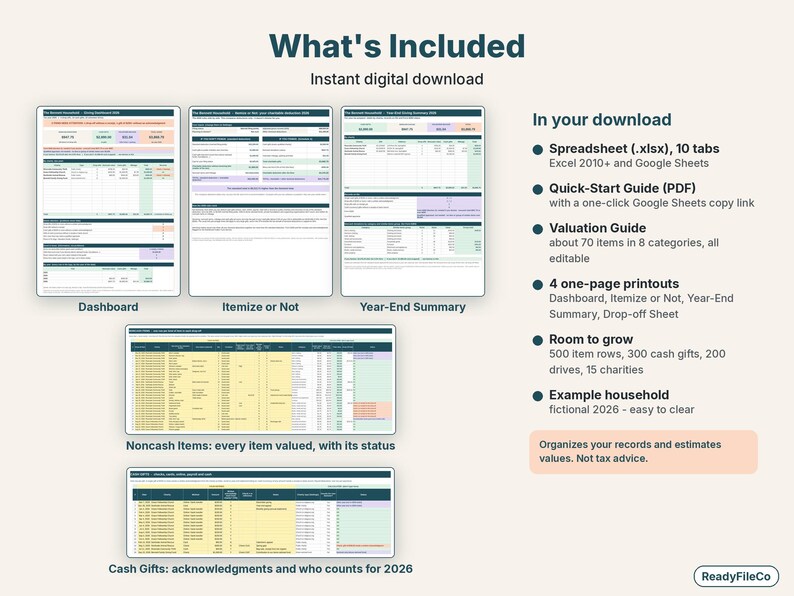 What's included: dashboard, itemize or not, year-end summary, noncash items and cash gifts tabs