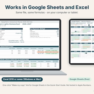 Homeschool planner dashboard on a laptop in Excel and year calendar on a tablet in Google Sheets