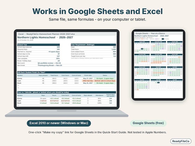 Homeschool planner dashboard on a laptop in Excel and year calendar on a tablet in Google Sheets