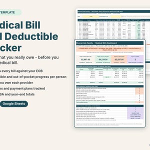 Medical bill and deductible tracker spreadsheet with a dashboard of deductible progress and a bill check page