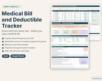 Puede incluir: Una plantilla digital de seguimiento de facturas médicas y deducibles para Excel y Google Sheets. El diseño presenta un panel con tablas para realizar un seguimiento de los gastos médicos, los deducibles y los saldos pendientes.