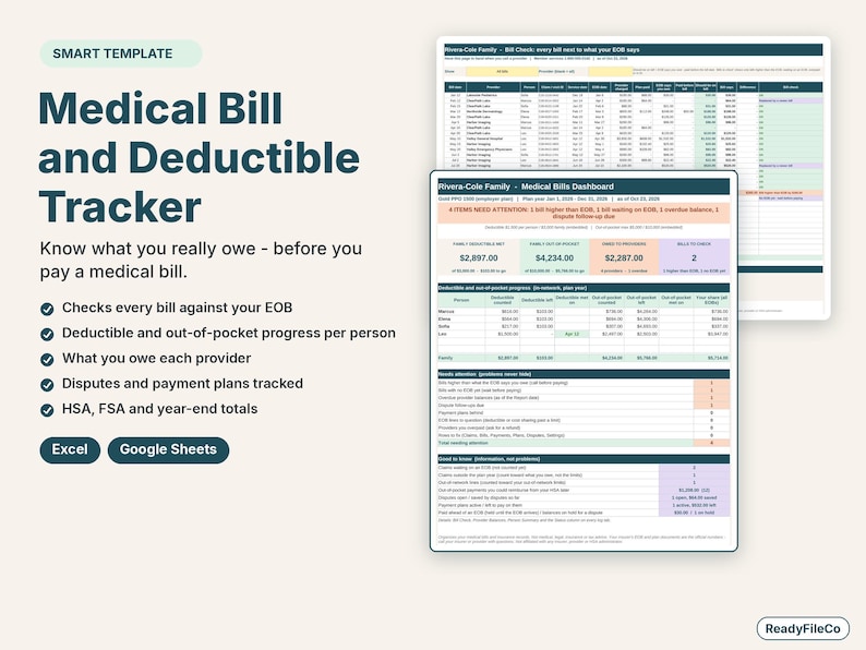 Medical bill and deductible tracker spreadsheet with a dashboard of deductible progress and a bill check page