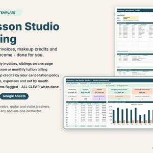 Music teacher billing spreadsheet with a monthly family invoice and a studio dashboard of income and expenses