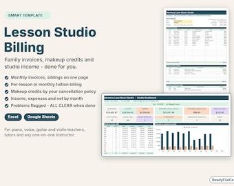 Puede incluir: Una plantilla digital de facturación para estudios de lecciones en Excel y Google Sheets. El diseño presenta el texto Lesson Studio Billing, un documento de factura de muestra y un panel de control con gráficos de ingresos y tablas financieras.