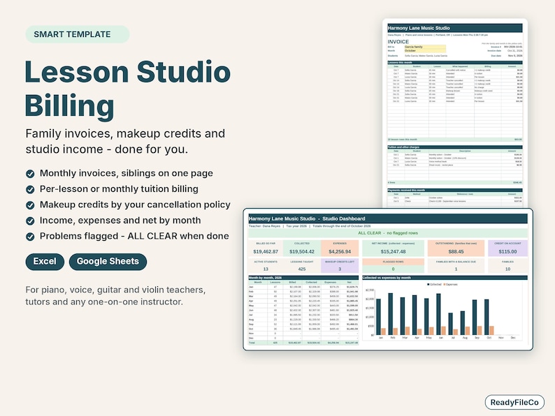 Music teacher billing spreadsheet with a monthly family invoice and a studio dashboard of income and expenses