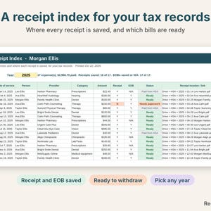 HSA receipt index listing each medical expense, receipt and EOB status, and where the receipt is saved