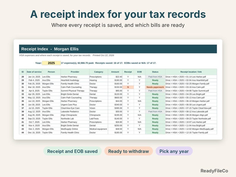 HSA receipt index listing each medical expense, receipt and EOB status, and where the receipt is saved
