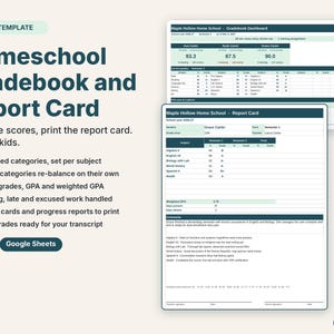 Homeschool gradebook spreadsheet with a dashboard of current grades and a printable report card