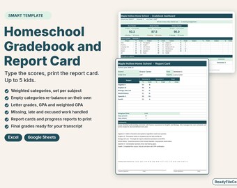 Puede incluir: Una plantilla digital de registro de calificaciones y boleta de notas para Excel y Google Sheets. La interfaz muestra nombres de estudiantes, materias, notas, promedios y comentarios. Incluye el texto "Maple Hollow Home School".