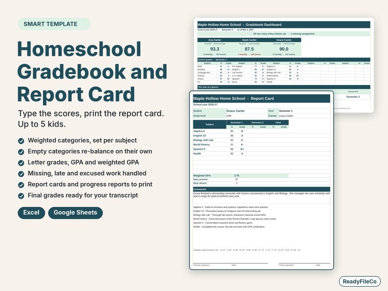 Homeschool gradebook spreadsheet with a dashboard of current grades and a printable report card