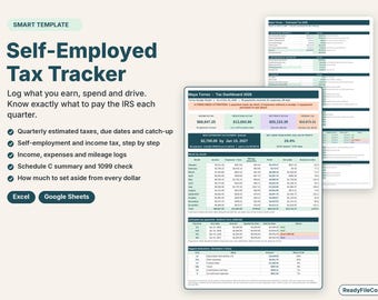 Self Employed Tax Tracker Spreadsheet, Quarterly Estimated Payments, 1099 Income, Google Sheets and Excel