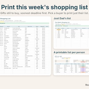 Printable shopping list sorted by deadline, a list for one buyer, and a gift list per person