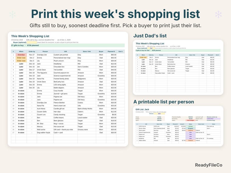 Printable shopping list sorted by deadline, a list for one buyer, and a gift list per person