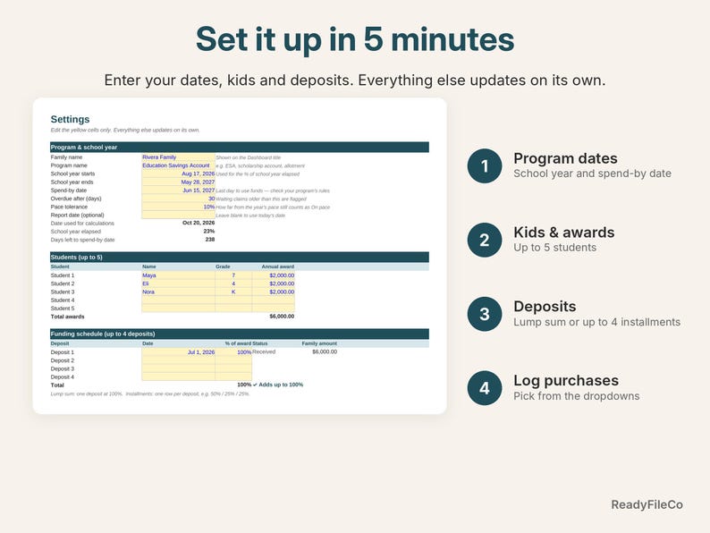 Settings tab with program dates, students, awards and deposit schedule