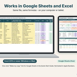 Tax document organizer shown on a laptop in Excel and on a tablet in Google Sheets