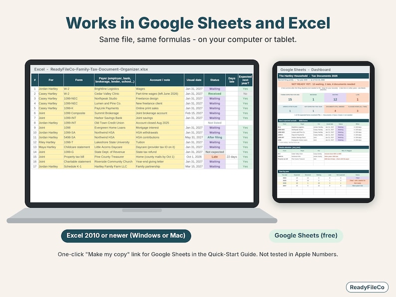 Tax document organizer shown on a laptop in Excel and on a tablet in Google Sheets