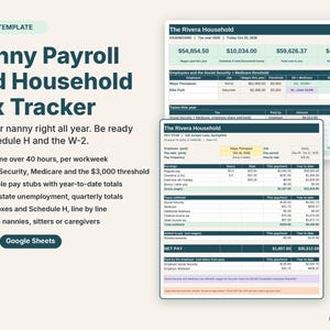 Nanny payroll spreadsheet with a household tax dashboard and a printable pay stub with year-to-date totals