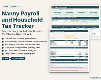 Puede incluir: Una plantilla digital de nómina de niñera y seguimiento de impuestos domésticos para Excel y Google Sheets. La interfaz muestra paneles financieros y recibos de nómina para The Rivera Household, incluyendo columnas de ingresos y retenciones.