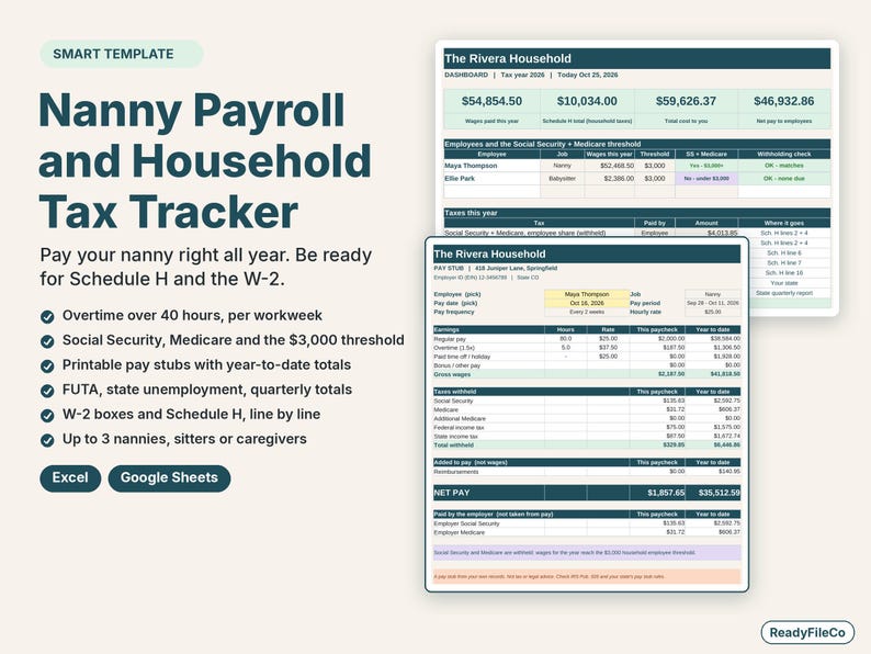 Nanny payroll spreadsheet with a household tax dashboard and a printable pay stub with year-to-date totals