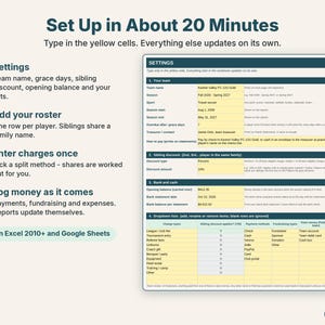 Easy setup in four steps: settings, roster, charges, then log payments, fundraising and expenses